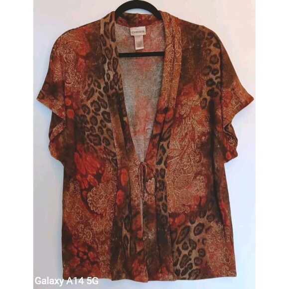 Chico's Sz 3 (US XL) Short Sleeve Brown Animal Print Open Front Sweater w/Tie - Picture 1 of 7